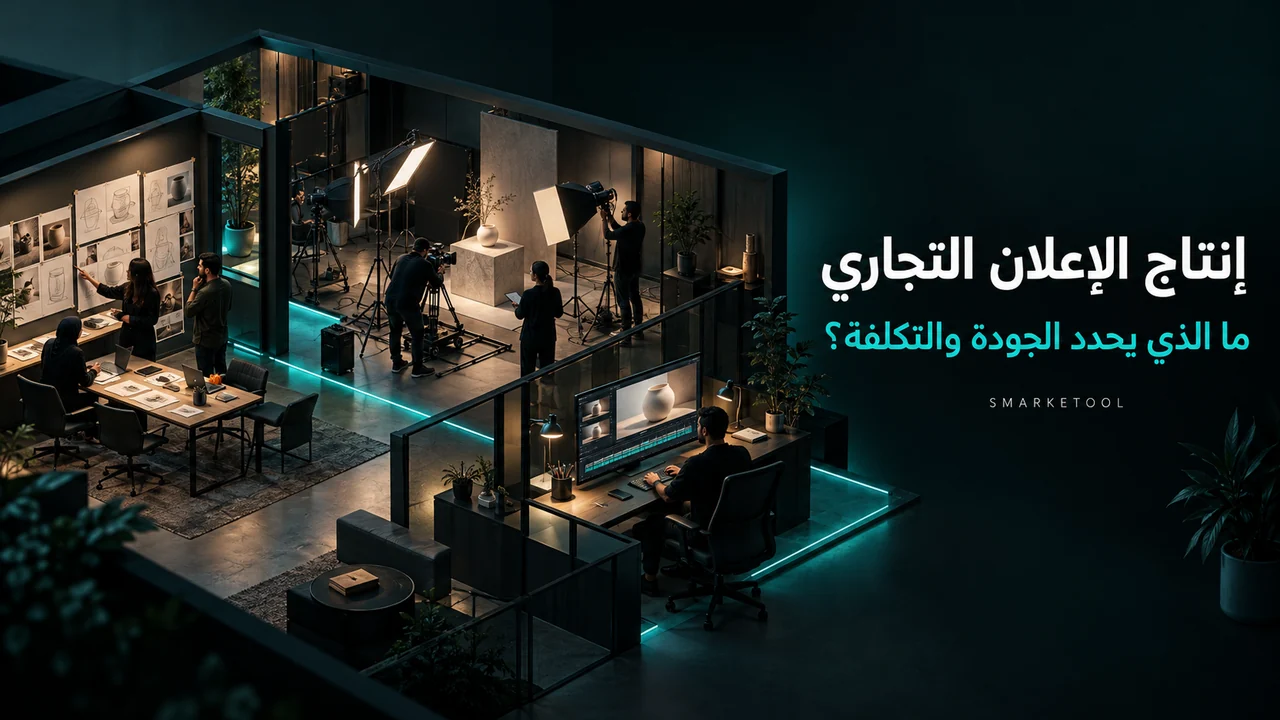 تصوّر لاستوديو إنتاج إعلان يضم التخطيط والستوري بورد وفريق التصوير والإضاءة ومحطة المونتاج.